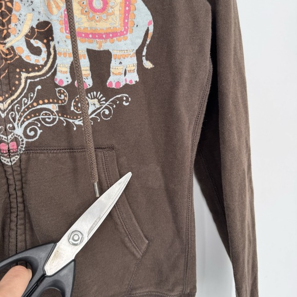 Vintage Lucky Brand Hoodie‎ Women's Small Brown Elephant Oriental Sweatshirt Y2K - Picture 2 of 7